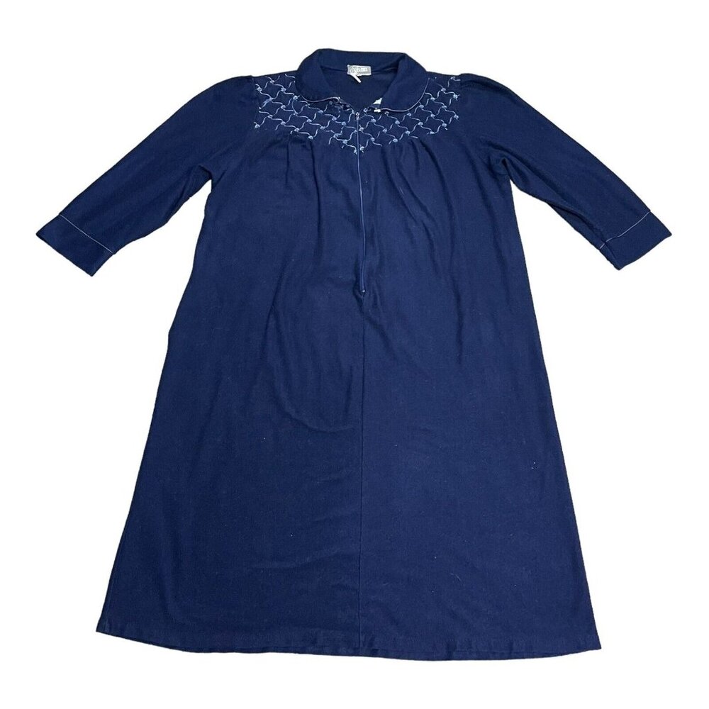 Vintage Beverly West Blue Embroidered Zip Nightgown 1X Dressing Gown Housecoat